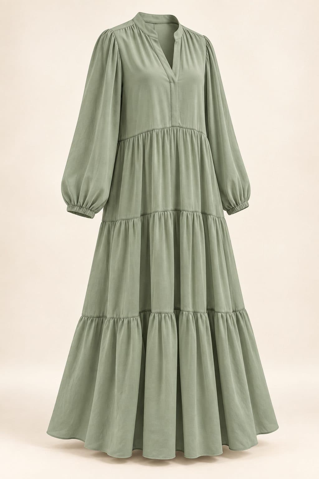 Tiered maxi dress in sage green, front view