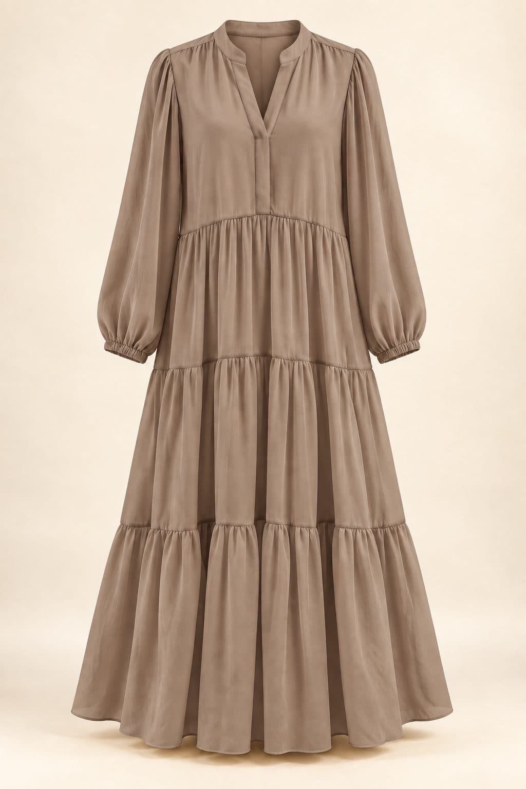 Tiered maxi dress in taupe, front view