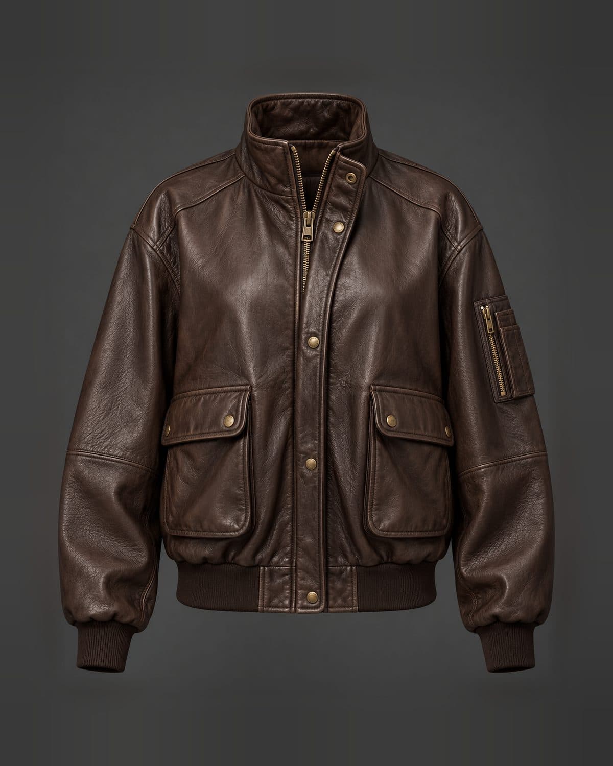 Design preview of the Utility Flight Bomber leather jacket in dark brown: flight bomber, flap pockets, sleeve pocket, brass hardware
