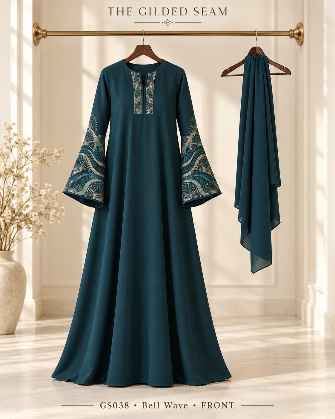 Design preview of the Wave bell abaya in deep teal, front view