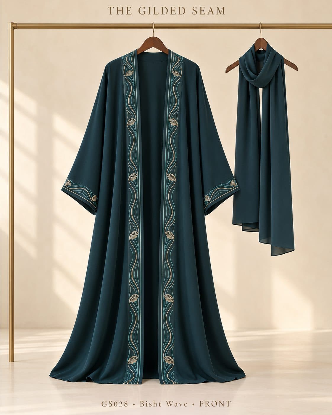 Design preview of the Wave bisht abaya in deep teal, front view