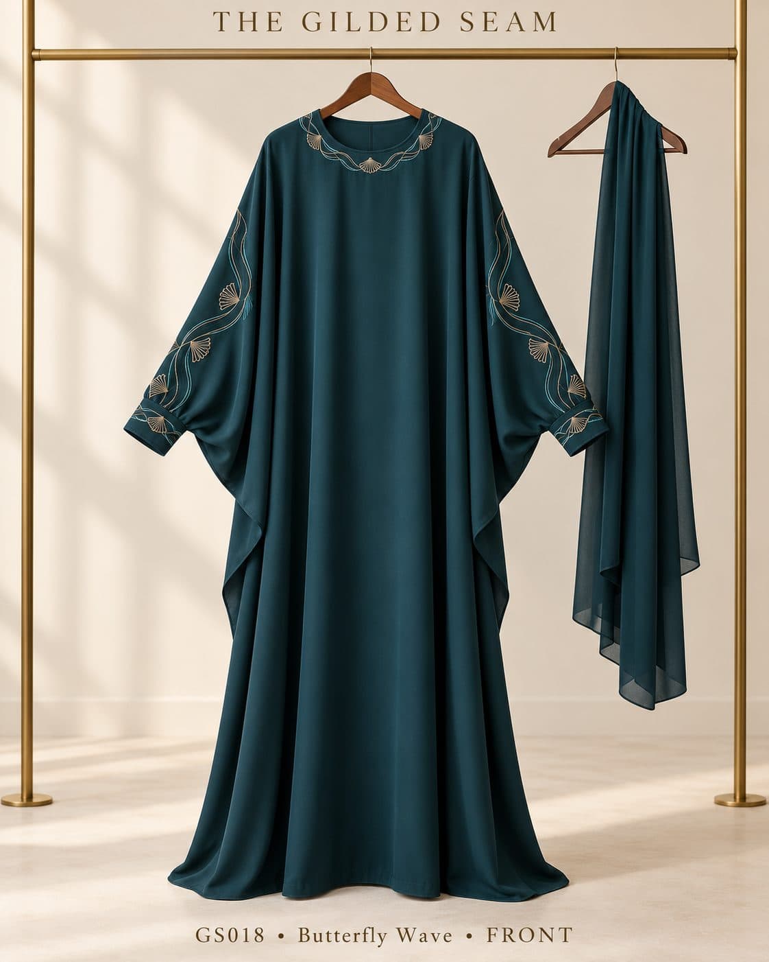 Design preview of the Wave butterfly abaya in deep teal, front view