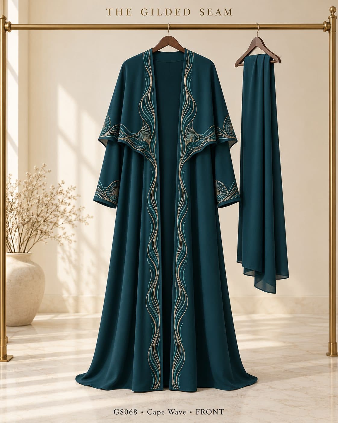 Design preview of the Wave cape abaya in deep teal, front view