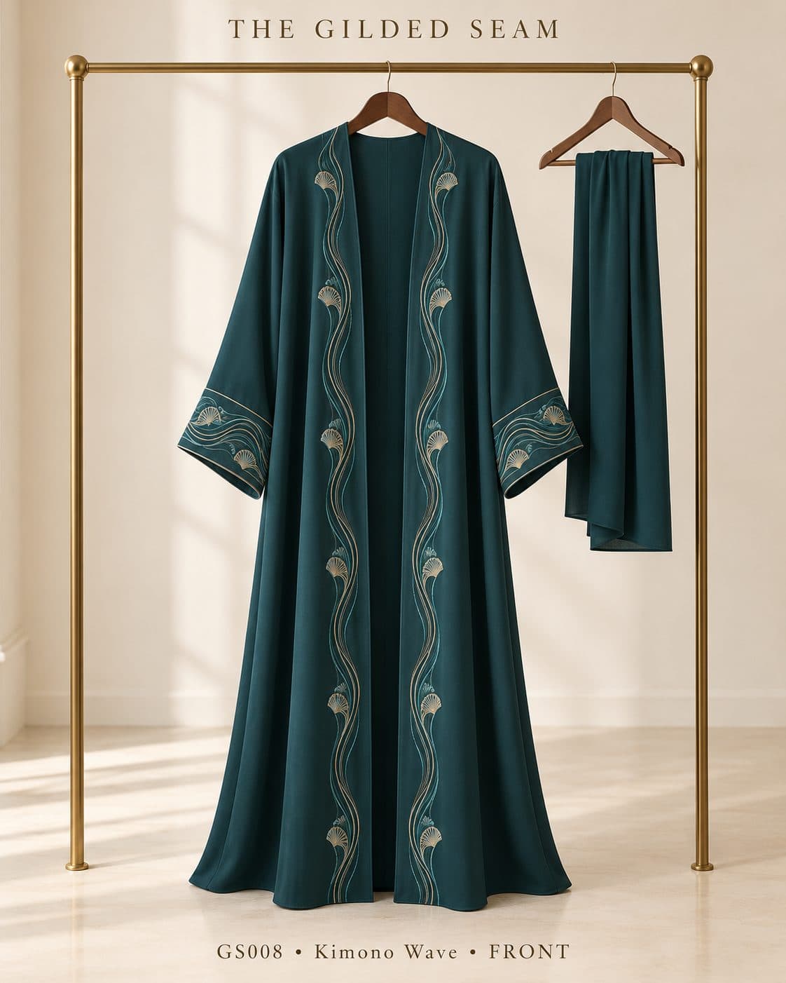 Design preview of the Wave kimono abaya in deep teal, front view