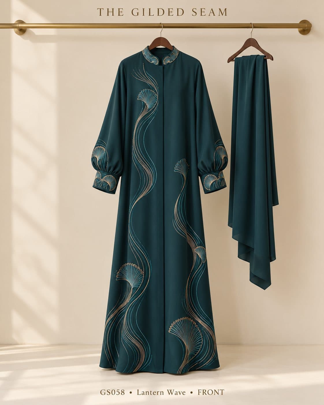 Design preview of the Wave lantern abaya in deep teal, front view