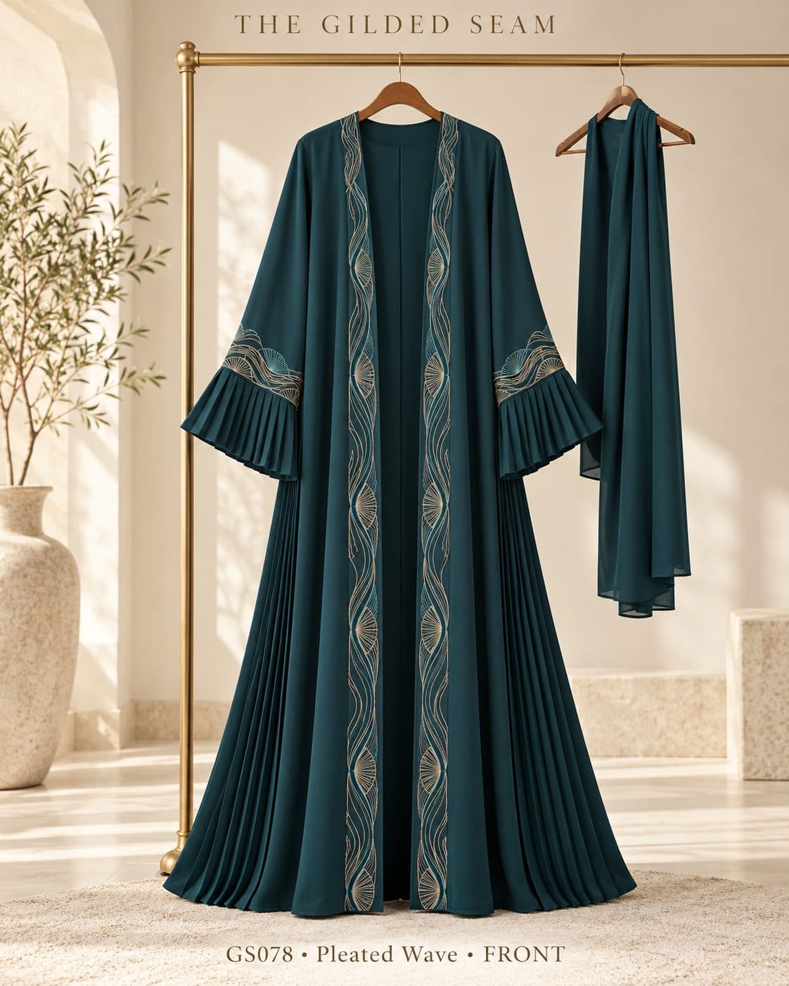 Design preview of the Wave pleated abaya in deep teal, front view