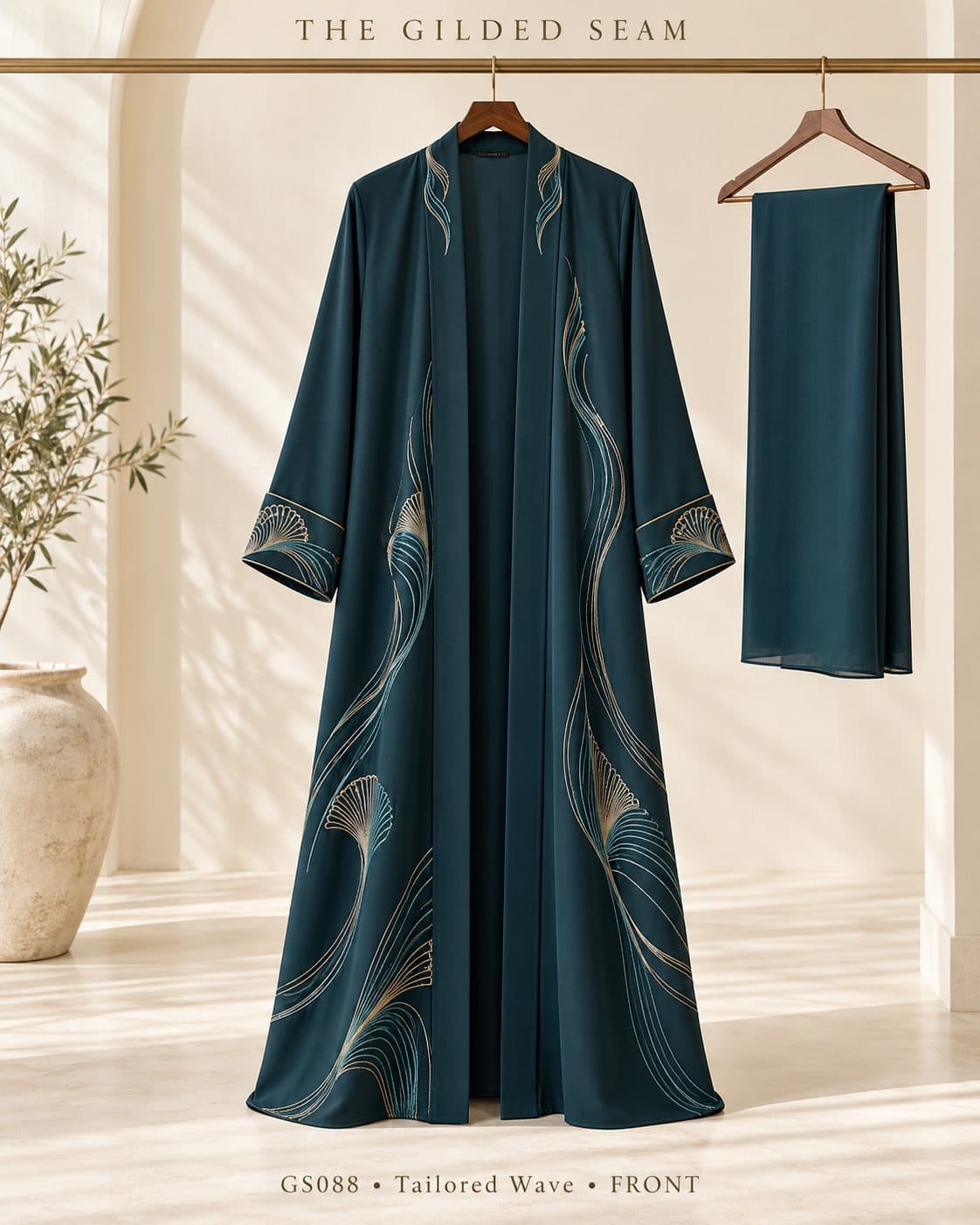 Design preview of the Wave tailored abaya in deep teal, front view