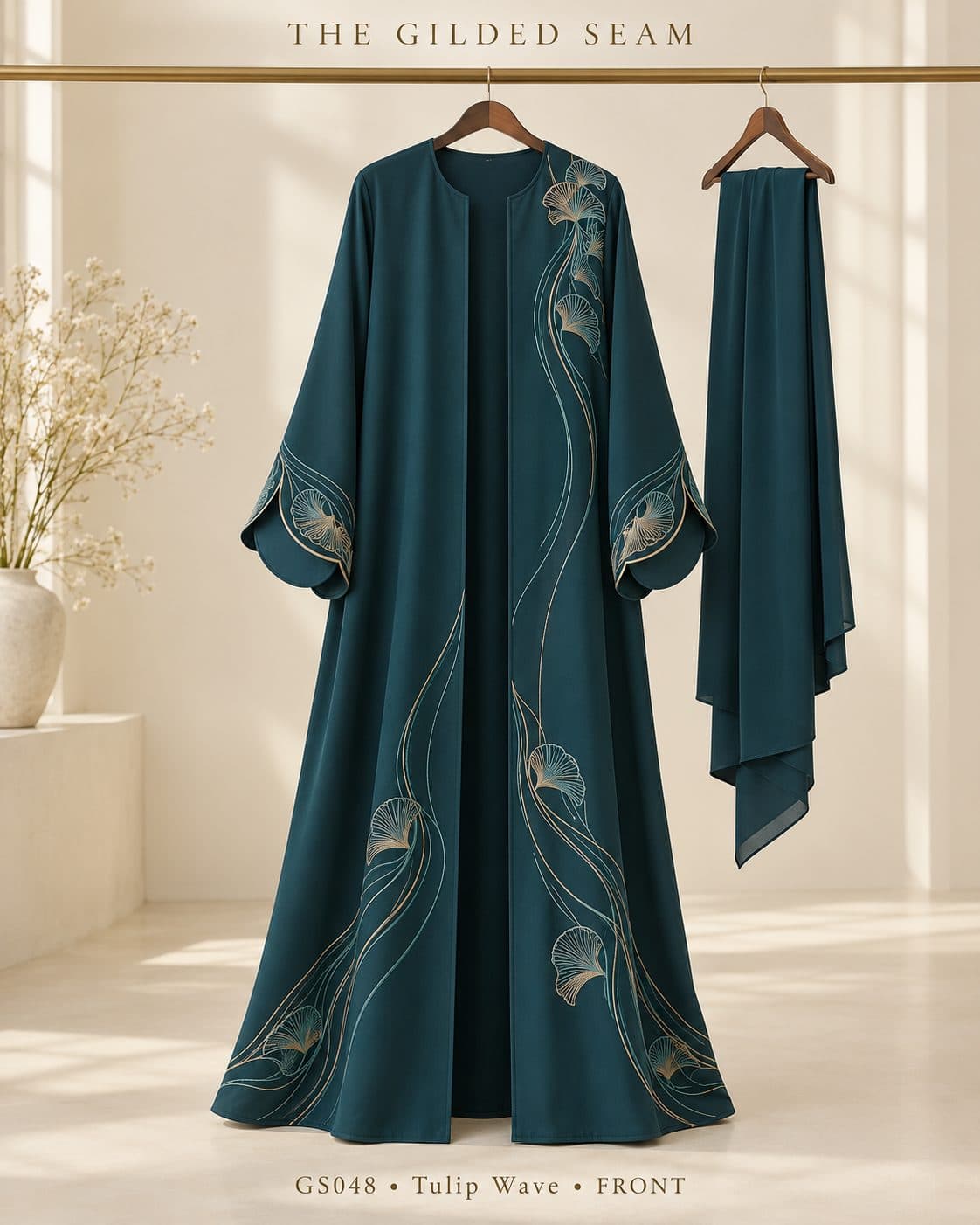 Design preview of the Wave tulip abaya in deep teal, front view