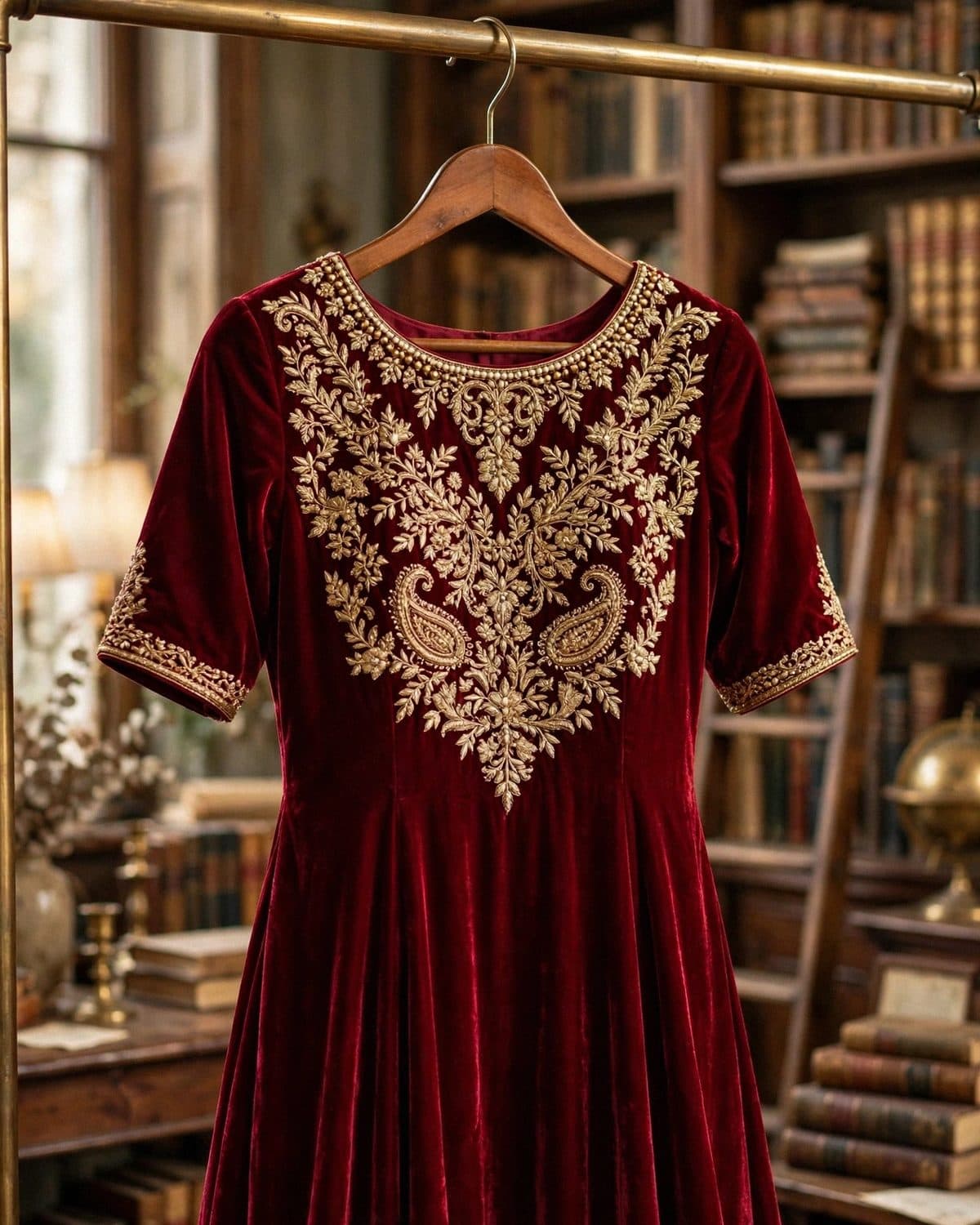 Design preview of the Wine Zardozi Frock in wine, front view