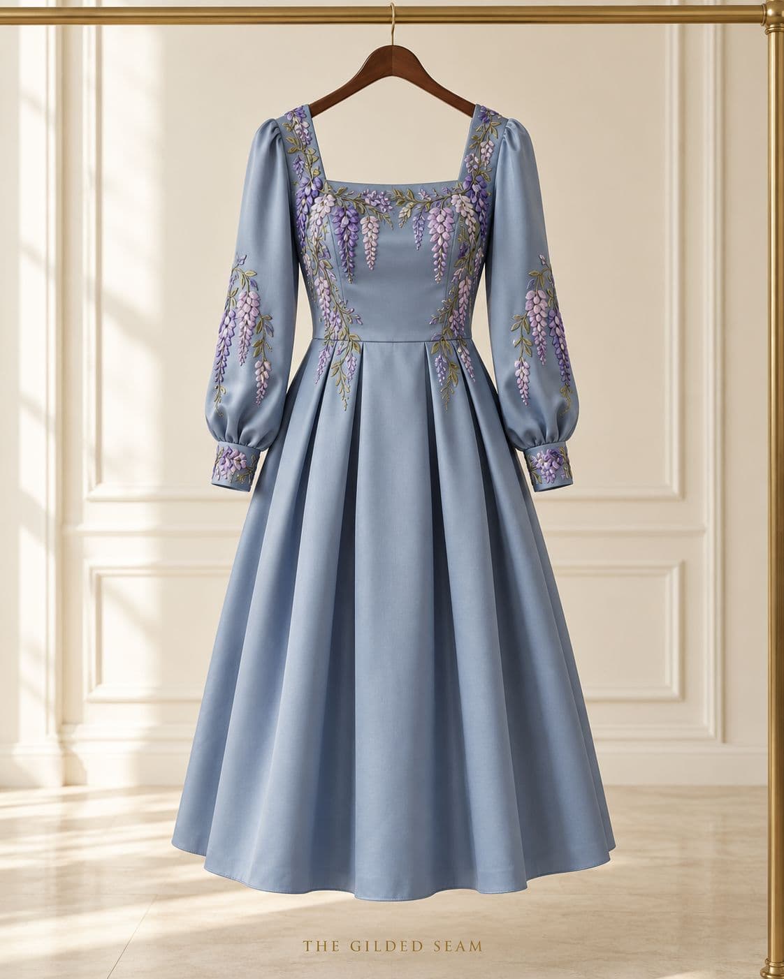 Design preview of the Wisteria Fit-and-Flare Dress in powder blue, front view