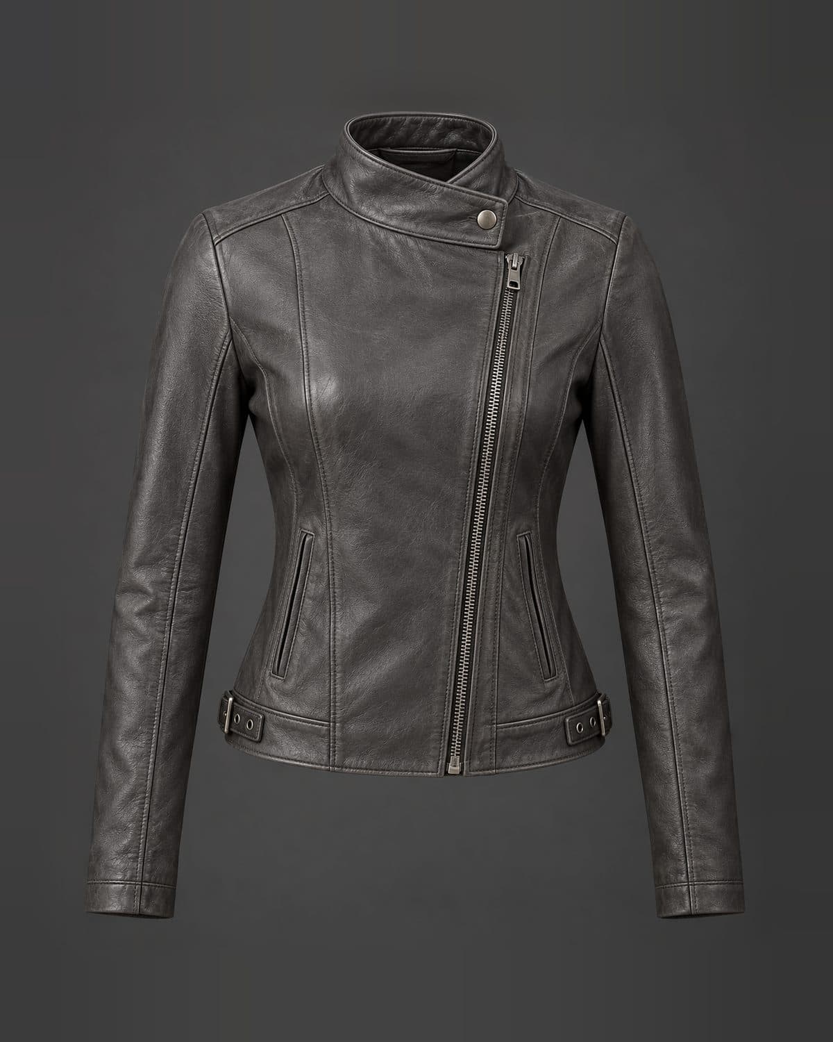 Design preview of the Wrap-Neck Racer leather jacket in slate grey: funnel collar, off-centre zip, hem tabs, washed finish